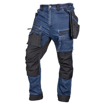 Spodnie robocze DENIM, wzmocnienia Cordura, odpinane kieszenie kaburowe, granatowe, rozmiar S