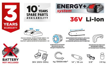 Pilarka łańcuchowa bezszczotkowa aku Energy+ 36V, Li-Ion, prowadnica 14" (350mm), bez akumulatora