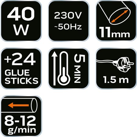 Pistolet klejowy 11 mm, 40W + 24 wkłady klejowe