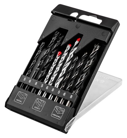 Zestaw wierteł do metalu, drewna, cegły: 5, 6, 8 mm, 9 szt.