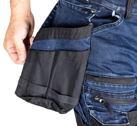 Spodnie robocze DENIM, wzmocnienia Cordura, odpinane kieszenie kaburowe, granatowe, rozmiar XL