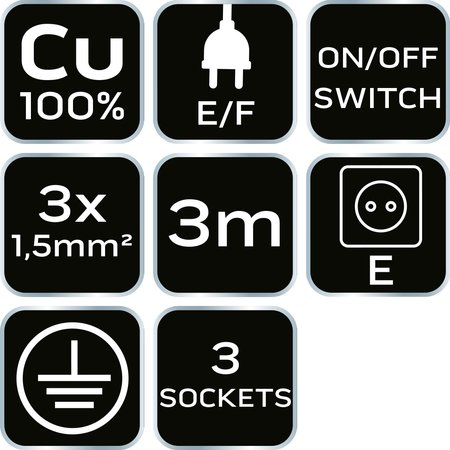 Przedłużacz listwowy 3m, 3x1.5mm2, 3G, czarny, ON/OFF