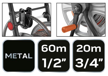 Wózek na wąż ogrodowy, metalowy, do 60 m węża 1/2", z prowadnicą węża