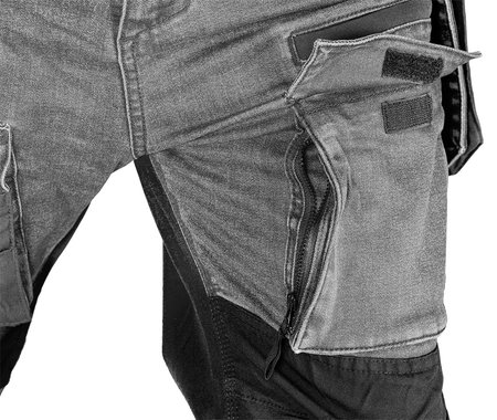 Spodnie robocze DENIM, wzmocnienia Cordura, odpinane kieszenie kaburowe, szare, rozmiar L
