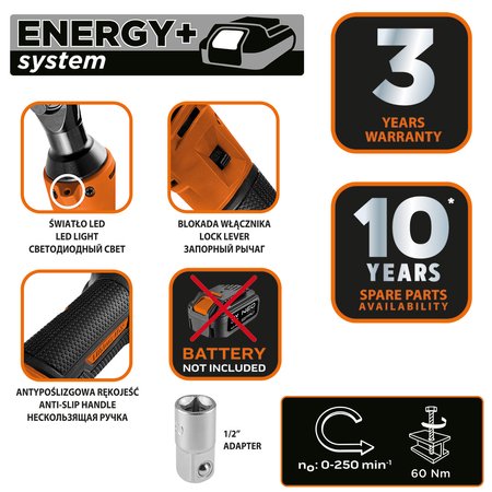 Grzechotka akumulatorowa Energy+ 18V, Li-lon, 3/8”, bez akumulatora, adapter 1/2"
