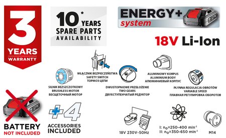 Mieszarka akumulatorowa bezszczotkowa Energy+ 18V, obroty: I: 250-400 min-1, II: 350-650 min⁻¹
