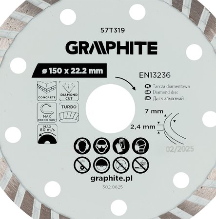Tarcza diamentowa do cięcia turbo, 150 x 22.22 mm, na sucho