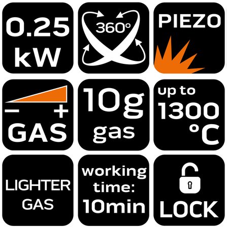 Mikropalnik gazowy z zapłonem piezo, 360st., regulacja płomienia, pojemność 10g