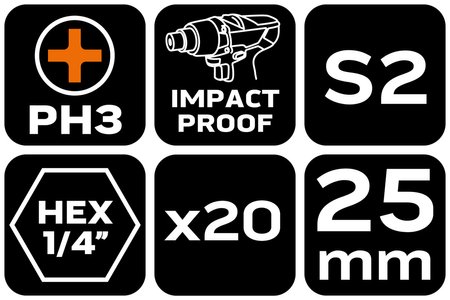 Bity udarowe PH3 x 25 mm, 20 szt.