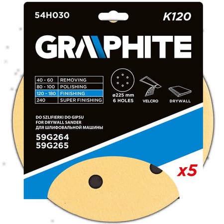 Papier ścierny na rzep 225 mm, K120, 5 szt., z 6 otworami do szlifierki 59G264, 59G265
