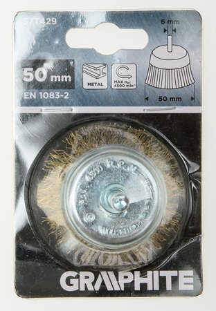 Szczotka druciana doczołowa 50 mm, drut karbowany, mosiądzowany, z trzpieniem 6 mm