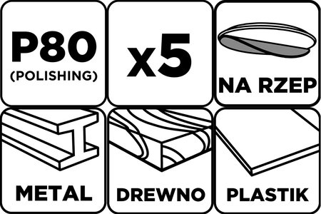 Krążki ścierne na rzep 125 mm, P80, 5 szt., z 8 otworami