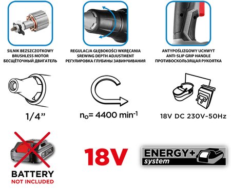 Wkrętarka akumulatorowa bezszczotkowa do płyt g/k Energy+ 18V Li-lon, 0-4400 min-1, uchwyt 1/4",