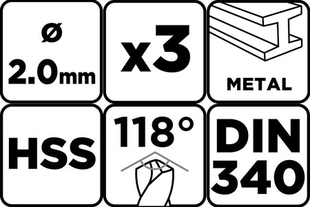 Wiertło do metalu HSS, DIN 340, przedłużane, 2 mm, 3 szt.