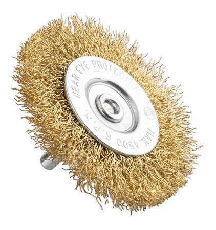 Szczotka druciana tarczowa 80 mm, drut karbowany, mosiądzowany, z trzpieniem 6 mm