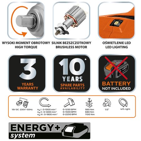 Klucz udarowy bezszcz. 1100Nm Akumulatorowy Energy+ 18V