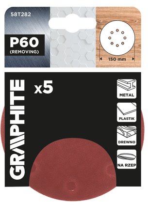 Krążki ścierne na rzep 150 mm, P60, 5 szt., z 8 otworami