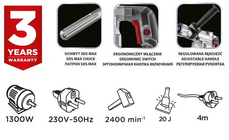 Młot wyburzeniowy SDS Max 1300W, walizka