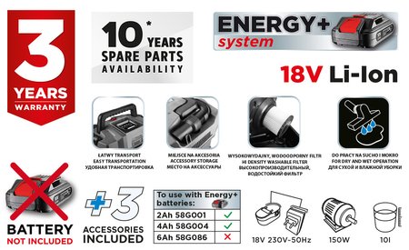 Odkurzacz warsztatowy Energy+ 18V, Li-Ion, 10 L, bez akumulatora