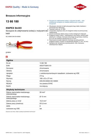 SZCZYPCE DO ZDEJMOWANIA IZOLACJI Z NOŻYCAMI DO KABLI 180MM