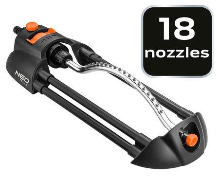 Zraszacz oscylacyjny, metalowy pałąk, 18 dysz, regulacja siły strumienia