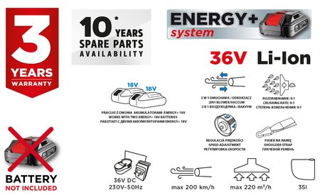 Odkurzacz ogrodowy akumulatorowy Energy+ 36V Li-lon, 2w1, pojemność worka 35L, bez akumulatora