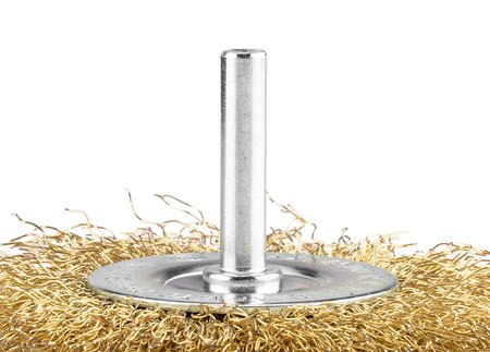 Szczotka druciana tarczowa 80 mm, drut karbowany, mosiądzowany, z trzpieniem 6 mm