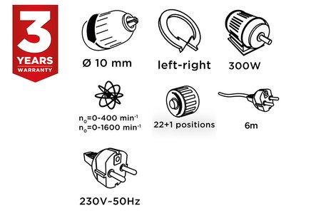 Wiertarko-wkrętarka sieciowa 300 W, uchwyt samozaciskowy 10 mm, walizka