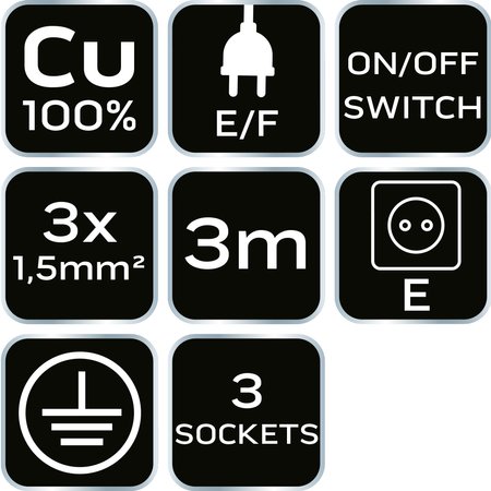 Przedłużacz listwowy 3m, 3x1.5mm2, 3G, biały, ON/OFF