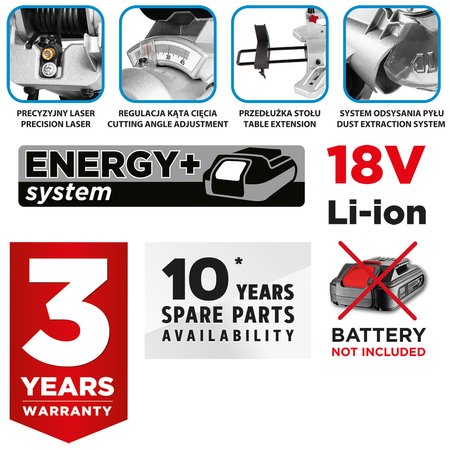 Pilarka ukosowa Energy+ 18V Li-lon, tarcza 210 x 30 mm, obroty 3000 min-1, bez akumulatora