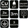Przedłużacz listwowy 3m, 3x1.5mm2, 3G, biały, ON/OFF