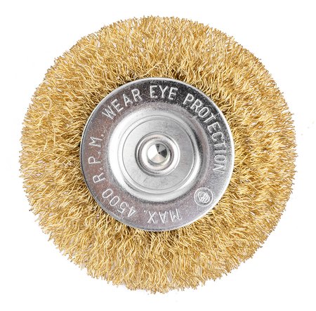 Szczotka druciana tarczowa 80 mm, drut karbowany, mosiądzowany, z trzpieniem 6 mm