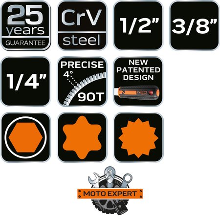 Klucze nasadowe 1/4", 3/8", 1/2", zestaw 126 szt., CrV