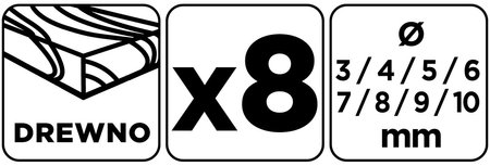 Zestaw wierteł do drewna: 3, 4, 5, 6, 7, 8, 9, 10 mm, 8 szt.