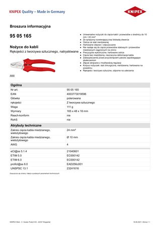 NOŻYCE DO KABLI 165MM, RĘKOJEŚĆ Z TWORZYWA