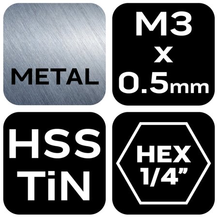 Wiertło gwintujące HSS TiN, M3x0,5 mm, Hex