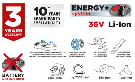 Kosa akumulatorowa bezszczotkowa Energy+ 36V, Li-lon, szerokość koszenia 350 mm, bez akumulatora