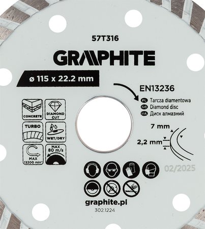 Tarcza diamentowa do cięcia turbo, 115 x 22.22 mm, na sucho i mokro