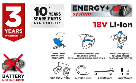 Nożyce do żywopłotu akumulatorowe Energy+ 18V, Li-Ion, szerokość cięcia 510 mm, bez akumulatora