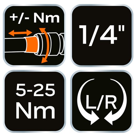 Klucz dynamometryczny dwukierunkowy 1/4", 5-25Nm, zestaw 21 szt.
