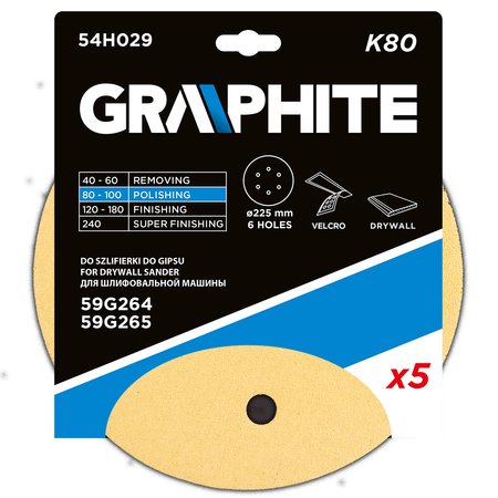Papier ścierny na rzep 225 mm, K80, 5 szt., z 6 otworami do szlifierki 59G264, 59G265