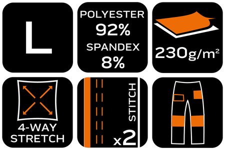 Spodnie robocze Mix&Match, 4 way stretch, czarno-pomarańczowe, rozmiar L