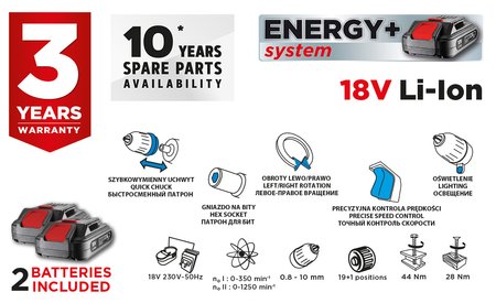 Wiertarko-wkrętarka aku Energy+ 18V, Li-Ion, zdejmowany uchwyt 10 mm, 2 aku 2Ah, ład, walizka