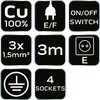 Przedłużacz listwowy 3m, 3x1.5mm2, 4G, czarny, ON/OFF