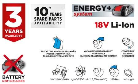 Zakrętarka akumulatorowa Energy+ 18V, Li-Ion, bez akumulatora