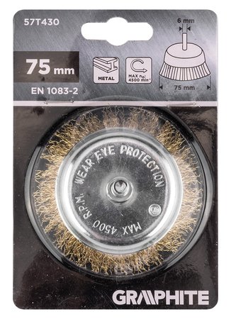 Szczotka druciana doczołowa 75 mm, drut karbowany, mosiądzowany, z trzpieniem 6 mm