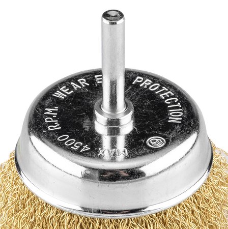 Szczotka druciana doczołowa 75 mm, drut karbowany, mosiądzowany, z trzpieniem 6 mm