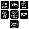 Bity udarowe PH1/2/3, PZ1/2/3 x 25 mm, 6 szt.