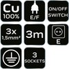 Przedłużacz listwowy 3m, 3x1.5mm2, 3G, czarny, ON/OFF