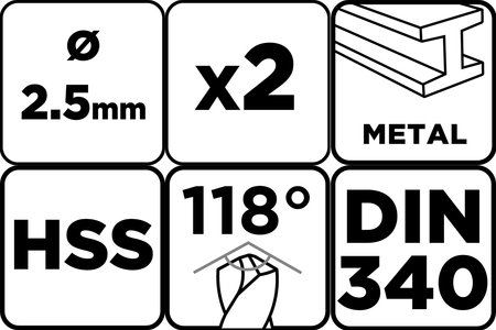 Wiertło do metalu HSS, DIN 340, 2.5 mm, 2 szt.